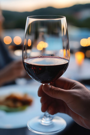 Toast to Love Romantic Evening with Wine, Dinner, City Lights, and Intimate Atmosphereの素材