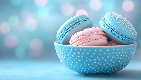 Pink and Blue Macarons, Sweet Dessert Arrangement in a Bowl, Food Photography, Copy Spaceの素材