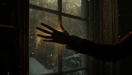 Winter Window, Golden Light, Silhouette of a Hand Reaching for Falling Sparkling Snowの素材