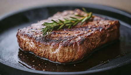 Juicy Perfection A Close-Up of a Perfectly Grilled Steak with Rosemary on a Cast Iron Skilletの素材