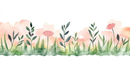 Watercolor Floral Background, Soft Rose And Mint Green, Leaves And Grass Silhouettes, Airy, Pastelの素材