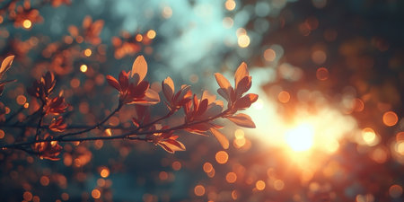 Blooming Tree Branch with Pink Buds, White Blossoms, Sun Glare, Bokeh Effect on Blurred Backgroundの素材