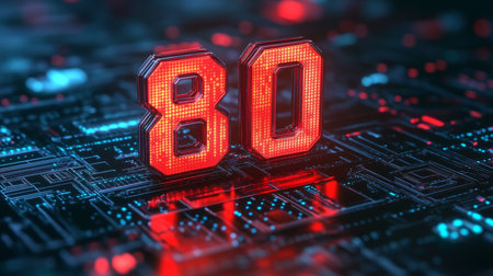 Number 80 In Red, Glowing On Futuristic Circuit Board Technology And Innovation Concept.の素材