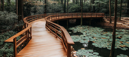 Serene Wooded Path Curving Around a Tranquil Pond Covered With Lily Pads in a Lush Parkの素材