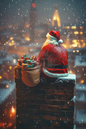 Santa Claus Takes a Break, Perched on a Chimney, Overlooking Snowy City Lights at Christmasの素材