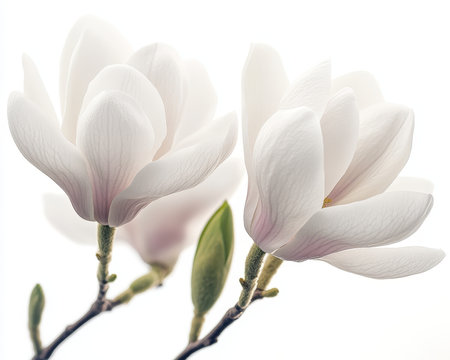 Delicate White Magnolia Blossoms in Spring Bloom, Studio Photography on White Backgroundの素材
