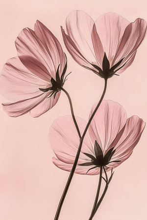 Delicate Coral Cosmos Flowers Dreamy Watercolor Illustration, Gentle Pastel Floral Artの素材