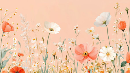 Wildflowers and Grass on a Soft Peach Background A Serene, Calm, and Gentle Watercolor Illustrationの素材