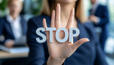Woman s Hand Holds STOP Sign With Blurred Colleagues in Modern Office, Symbol of Empowerment.の素材