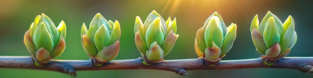 Five Young Translucent Green Leaves Sprouting On Branch, Intense Sunbeam, Soft Green Backdropの素材