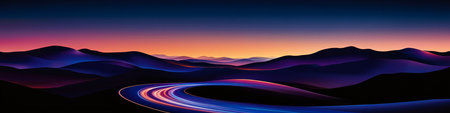 Winding Road, Night, Light Trails A Vector Graphic of Automotive Motion Through a Mountain Passの素材