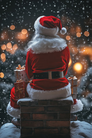 Santa Claus Taking Break on Rooftop, Chimney, Gifts, City Lights, Snowy, Night Scene, Christmas Eveの素材