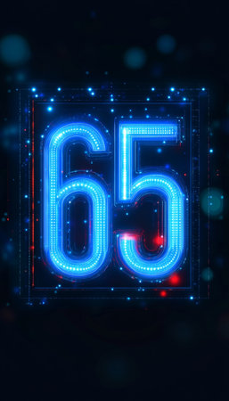 Glowing Blue Digital 3D Number 65 on a Dark Futuristic Abstract Technology Backgroundの素材