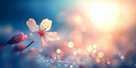 Cherry Blossom Glow Close Up of Pink and White Petals Against a Blue Sky with Sunlit Bokehの素材