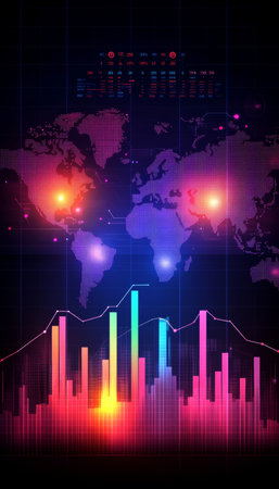 Global Stock Market Trends, Electric Line Charts on World Map, Data Points, High Definitionの素材