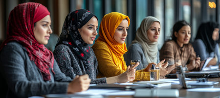 Diverse Group of Businesswomen in Hijabs Engaged in Serious Discussion at a Business Meetingの素材