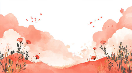 Gentle Apricot Watercolor Landscape, Floral Illustration, Gold Accents, Texture, Backgroundの素材