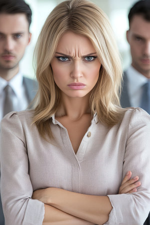 Discomfort in the Workplace Businesswoman Confronted, Feeling Intimidated by Male Colleaguesの素材