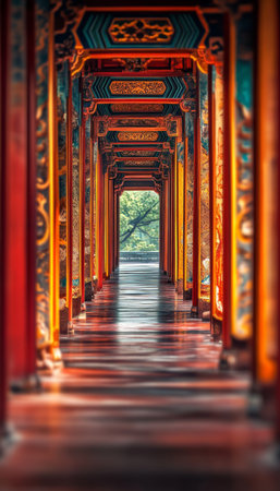 Sunlight Through Traditional Chinese Architecture, Corridor Detail in Forbidden City, Beijing, Chinaの素材