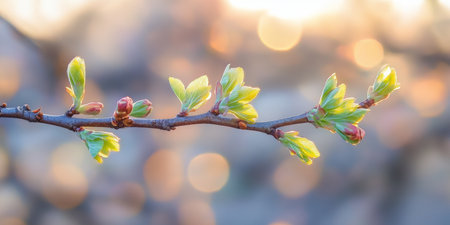 Close-up of a Blossoming Branch with Emerging Leaves, Soft Golden Light for Spring Backgroundの素材