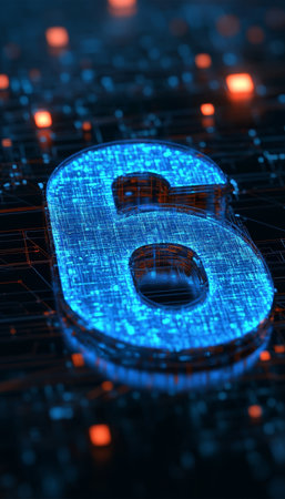 Glowing Blue Digital Number 6 on Futuristic Circuit Board, Technology Background, Renderingの素材