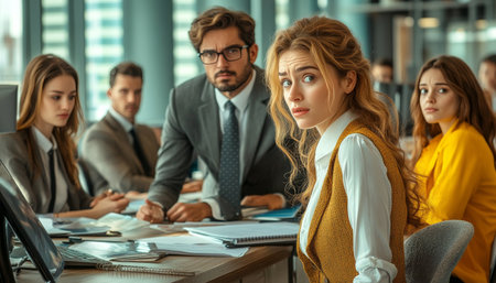 Anxious Businesswoman, Concerned, Supportive Colleagues, Workplace Anxiety, Office Dynamicsの素材
