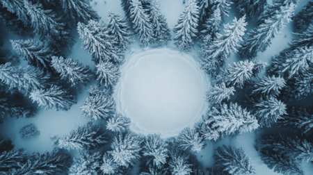 Winter Wonderland, Aerial View of Snow Covered Pine Trees Creating a Circular Frame in Forestの素材