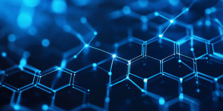 Abstract Blue Hexagonal Pattern with Connecting Lines and Light Flares on a Black Backdropの素材