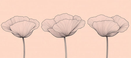 Three Delicate Poppy Flower Line Art Drawings on Pastel Peach Background, Gentle Huesの素材