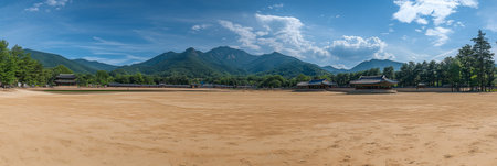 Historical Korean Temple with Tranquil Courtyard And Mountainous Backdrop In Gyeongjuの素材