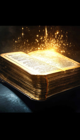 Glowing Ancient Book On A Dark Wooden Surface, Illuminated Message With Magical, Religious Themeの素材