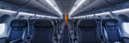 View Down Narrow Plane Aisle Towards Empty Rows, Travel And Transportation With Social Distancing.の素材