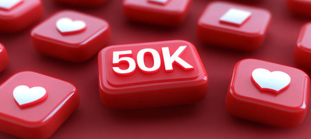 Red Social Media Tokens With Icons Marking Likes, Highlighting 50K Text On Red Backgroundの素材