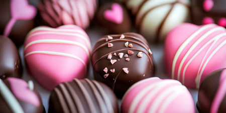 Assortment Chocolate, set of Valentines Day handmade bonbons. Heart shape delicious luxury candy.の素材
