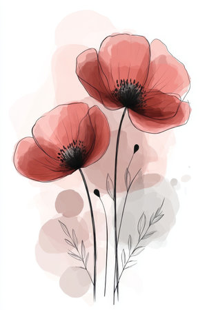 Delicate Poppy Blossoms, Watercolor Wildflowers, Minimalist Floral Art, Dreamy Illustrationの素材