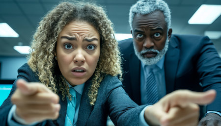 Concerned Businesswoman, Confrontational Colleague, Office Tension, Workplace Conflictの素材