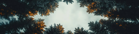 Snow Covered Tree Crowns With Misty Light, Winter Forest Scene, Natural Woodland Backgroundの素材