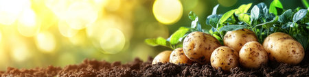 Close Up of Fresh Organic Potatoes Growing in a Lush Garden Bed with Warm Sunset Lightの素材