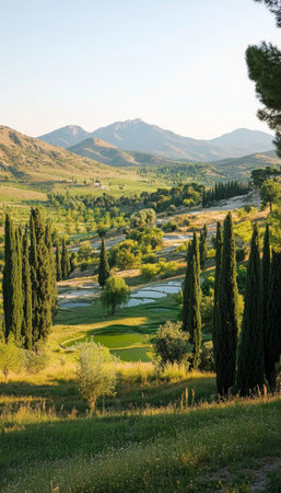 Scenic View Of Green Valley With Golf Course, Trees And Mountains In Sunny Summer Dayの素材