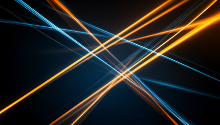 Abstract Symmetrical Network of Glowing Lines, Bright Cyan and Orange on Dark Background, Vector Artの素材