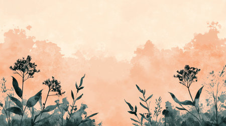 Peach Watercolor Background, Delicate Wildflowers, Ethereal Golden Glow, Soft Sunlight Silhouetteの素材