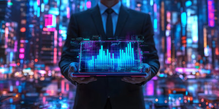 Businessman Holding a Tablet Displaying a Glowing Graph against a Futuristic Cityscape Backgroundの素材