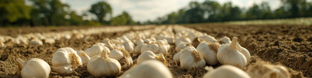 Freshly Harvested White Garlic Bulbs Drying on the Ground in a Farmers Field, Agriculture Backgroundの素材