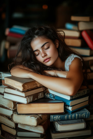 Lost in Literature, Young Woman Napping Among Towers of Books, Finding Comfort in Knowledgeの素材