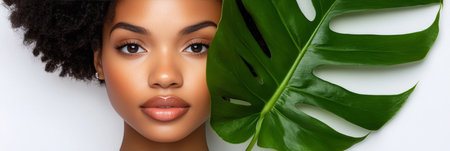 Beautiful Black Woman with Flawless Skin and Tropical Leaf, Wellness and Skincare Conceptの素材