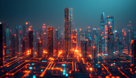 Futuristic Cityscape On Glowing Circuit Board Digital Age, Technology, And Innovationの素材