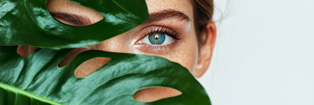 Woman with Freckles and Blue Eyes Peeking Through a Monstera Leaf, Beauty and Skincareの素材
