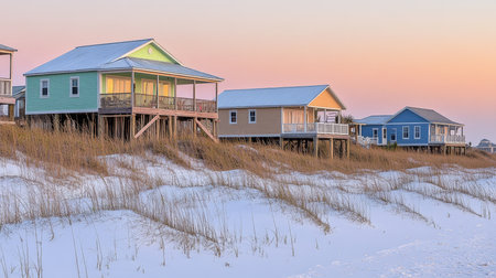 Colorful Beach Houses on the Coast, Tranquil Sunset over Vacation Homes, Real Estate, Seaside Livingの素材