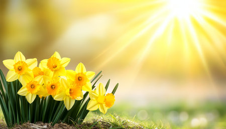 Spring Sunshine Yellow Daffodils Blooming in Meadow on Sunny Day with Copy Space for Textの素材