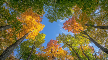 Colorful Autumn Canopy A View From Below of Vibrant Yellow and Red Trees in the Fall Forestの素材